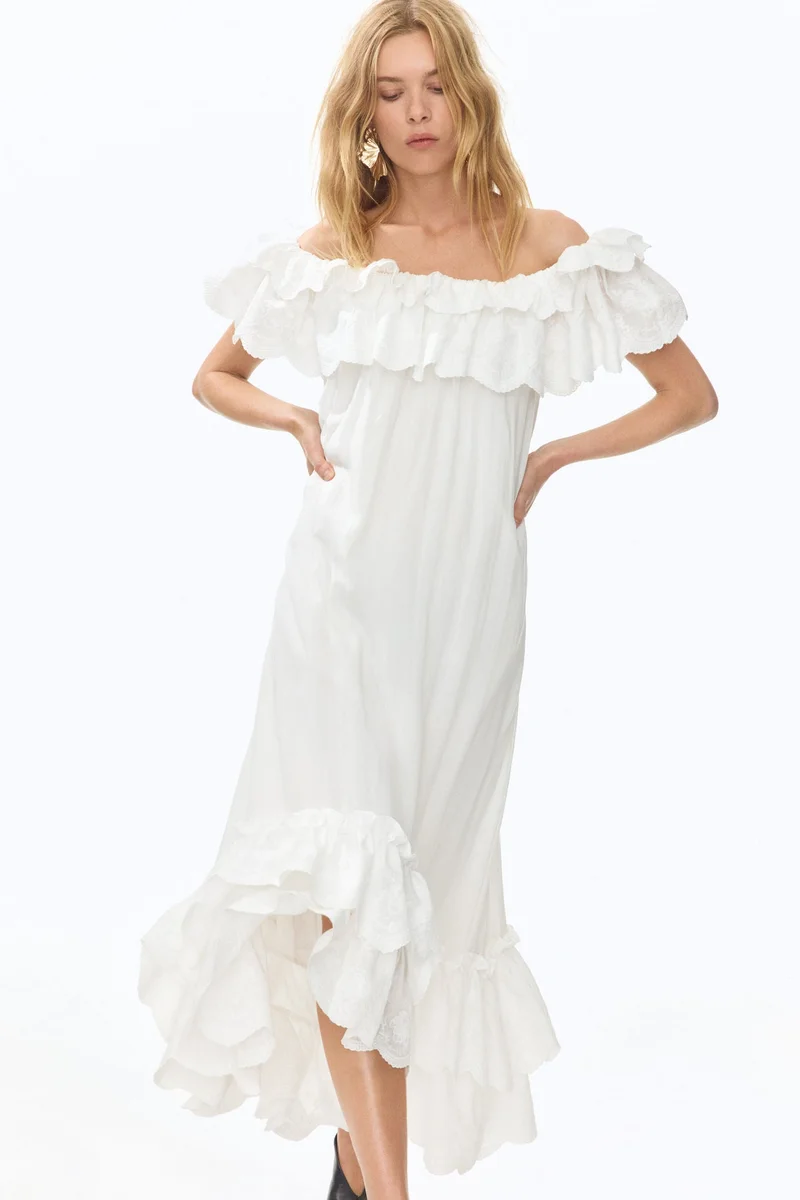 Frill-trimmed off-the-shoulder dress
