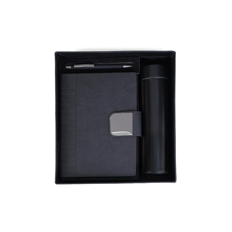 Scribelle دفتر A5 متميز من جلد PU مع مجموعة حلقة مع قلم وزجاجة قابلة لإعادة الاستخدام 80 جرام أسود، صندوق 208 صفحات - Image 1