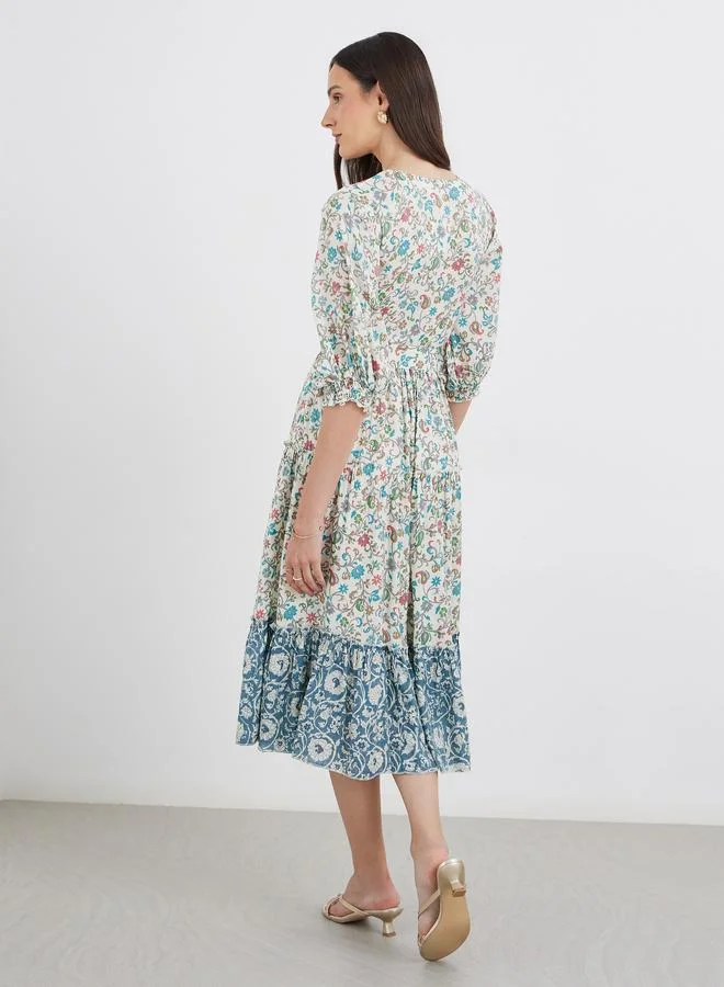 مكسيم كريشن Maxim Creation Women Floral Print Midi Dress with Tie Belt