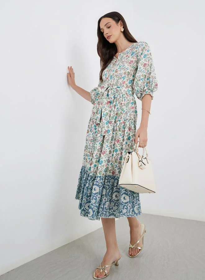 مكسيم كريشن Maxim Creation Women Floral Print Midi Dress with Tie Belt
