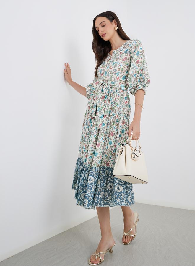 Maxim Creation Women Floral Print Midi Dress with Tie Belt - Image 1
