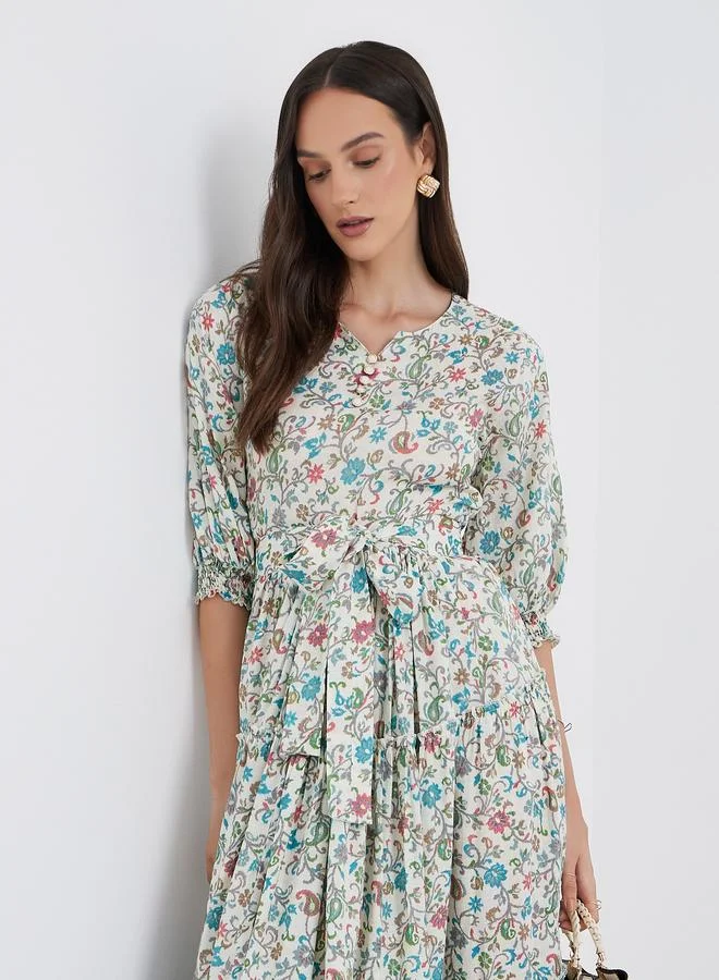 مكسيم كريشن Maxim Creation Women Floral Print Midi Dress with Tie Belt