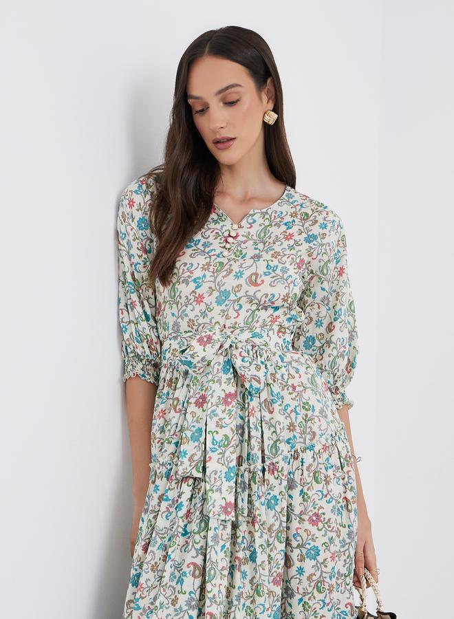 Maxim Creation Women Floral Print Midi Dress with Tie Belt - Image 2