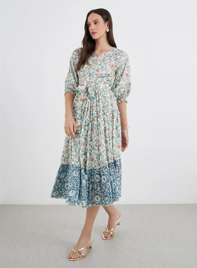 مكسيم كريشن Maxim Creation Women Floral Print Midi Dress with Tie Belt