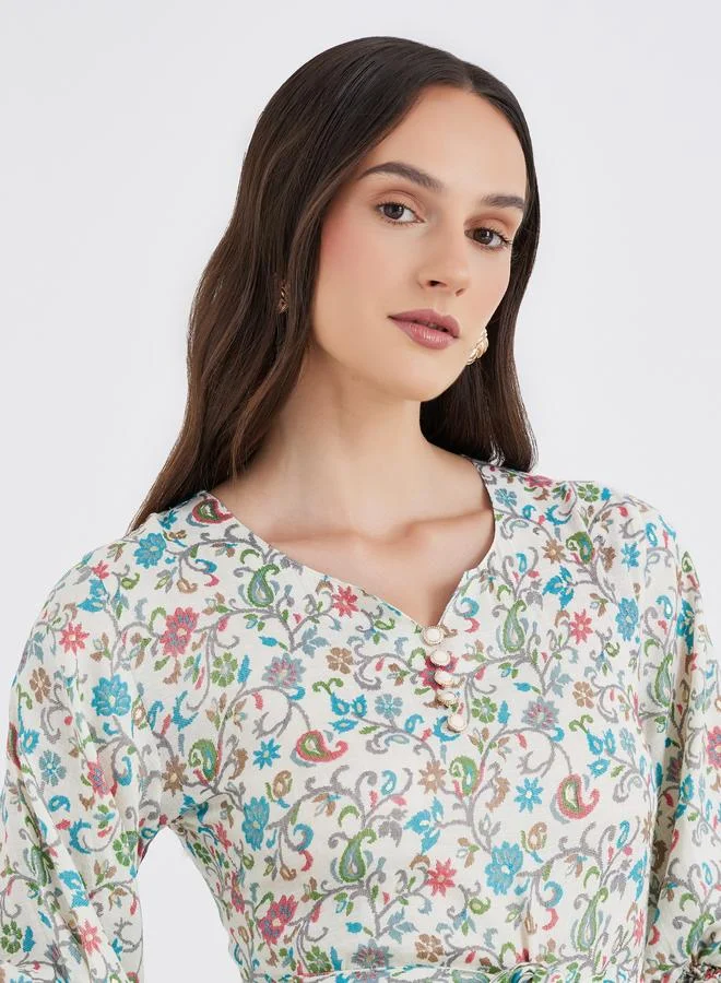 مكسيم كريشن Maxim Creation Women Floral Print Midi Dress with Tie Belt