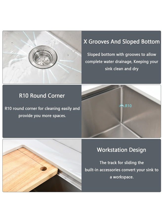 Loftus 33 Inch Farmhouse Sink - Apron Front Kitchen Sink 16 Gauge Stainless Steel Workstation Ledge Deep Single Bowl Farm Sink with Accessories - Image 5