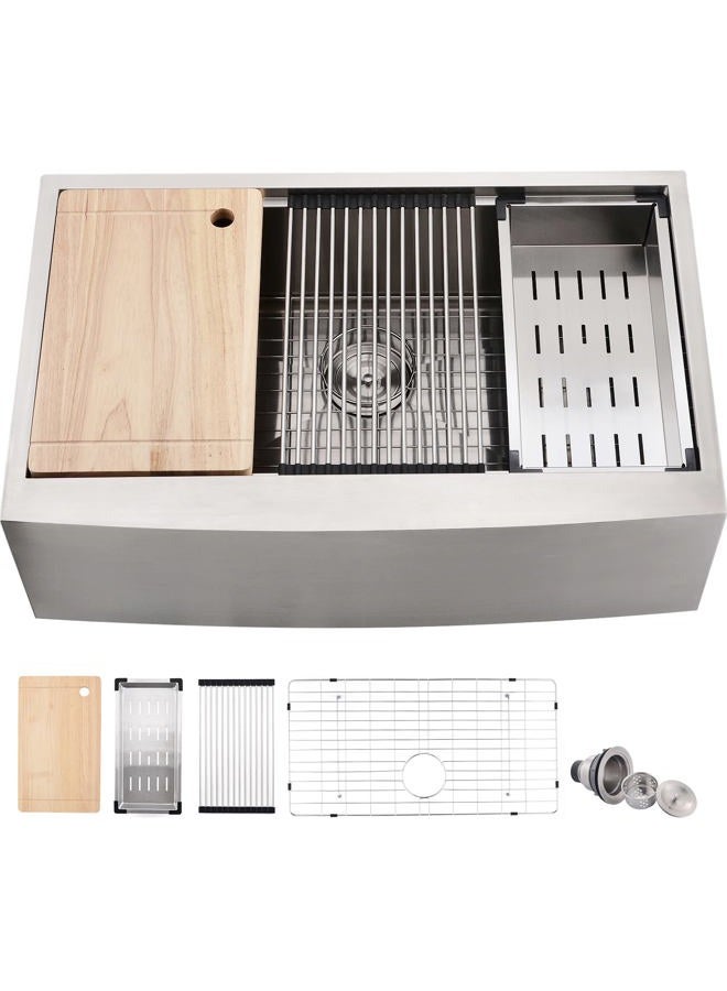 Loftus 33 Inch Farmhouse Sink - Apron Front Kitchen Sink 16 Gauge Stainless Steel Workstation Ledge Deep Single Bowl Farm Sink with Accessories - Image 1