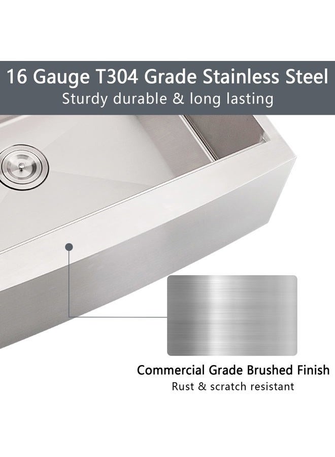 Loftus 33 Inch Farmhouse Sink - Apron Front Kitchen Sink 16 Gauge Stainless Steel Workstation Ledge Deep Single Bowl Farm Sink with Accessories - Image 4
