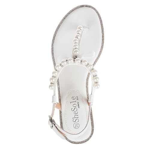 SheSole Women's Pearl T-Strap Bridal White Flat Sandals Beach Wedding Shoes US 8 - Image 3