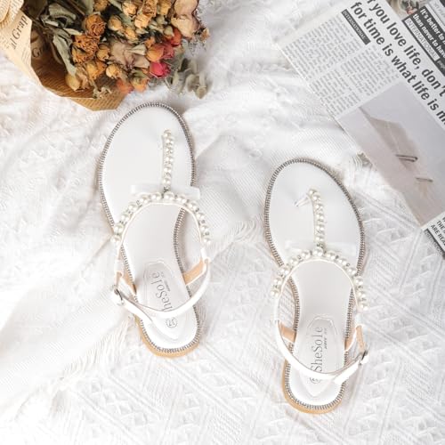 SheSole Women's Pearl T-Strap Bridal White Flat Sandals Beach Wedding Shoes US 8 - Image 5
