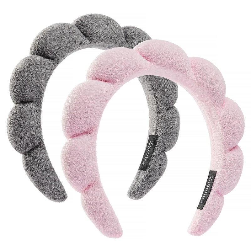 Ztomine Spa Terry Cloth Headband Combo Pack - 2 Puffy Makeup Headbands for Facial Care, Face Washing, and Mask Application (Pink + Grey) - Image 1