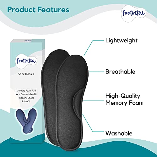 Footvital Memory Foam Shoe Insoles for Men and Women | Soft Cushioned Inserts for Long Standing and Walking | Supports Heel and Arch | Shock Absorbing | Moisture Absorbing | Lightweight Washable Insoles for All Shoes | 1 Pair | Black | Size 6 - Image 3