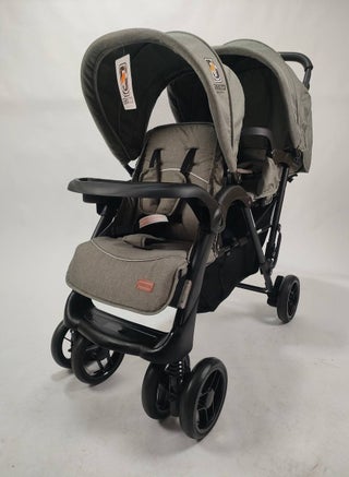 HAPPY KIDDO_G BABY Double Baby Stroller, Foldable Double Seat Tandem Stroller with Adjustable Backrest, Push Handle and Footrest, Lockable Wheels, 5 Points Safety Belts