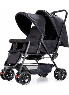 عربة أطفال مزدوجة HAPPY KIDDO_G BABY، عربة أطفال مزدوجة قابلة للطي مع مسند ظهر قابل للتعديل، مقبض دفع ومسند للقدمين، عجلات قابلة للقفل، أحزمة أمان 5 نقاط (أسود)