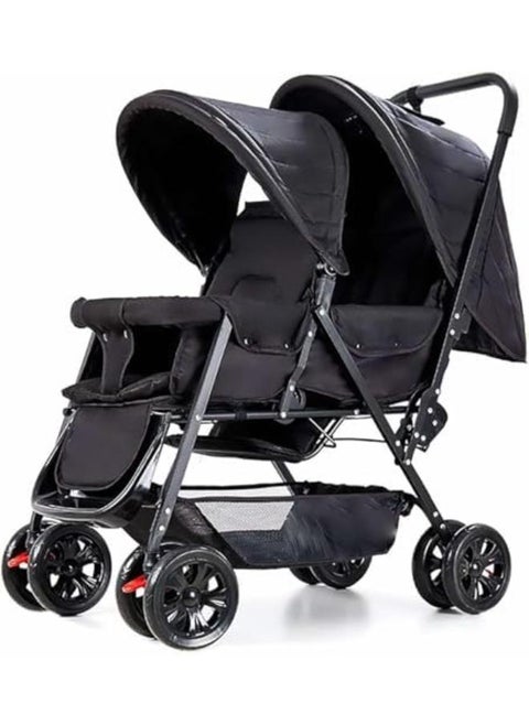 HAPPY KIDDO_G BABY Double Baby Stroller, Foldable Double Seat Tandem Stroller with Adjustable Backrest, Push Handle and Footrest, Lockable Wheels, 5 Points Safety Belts (Black)