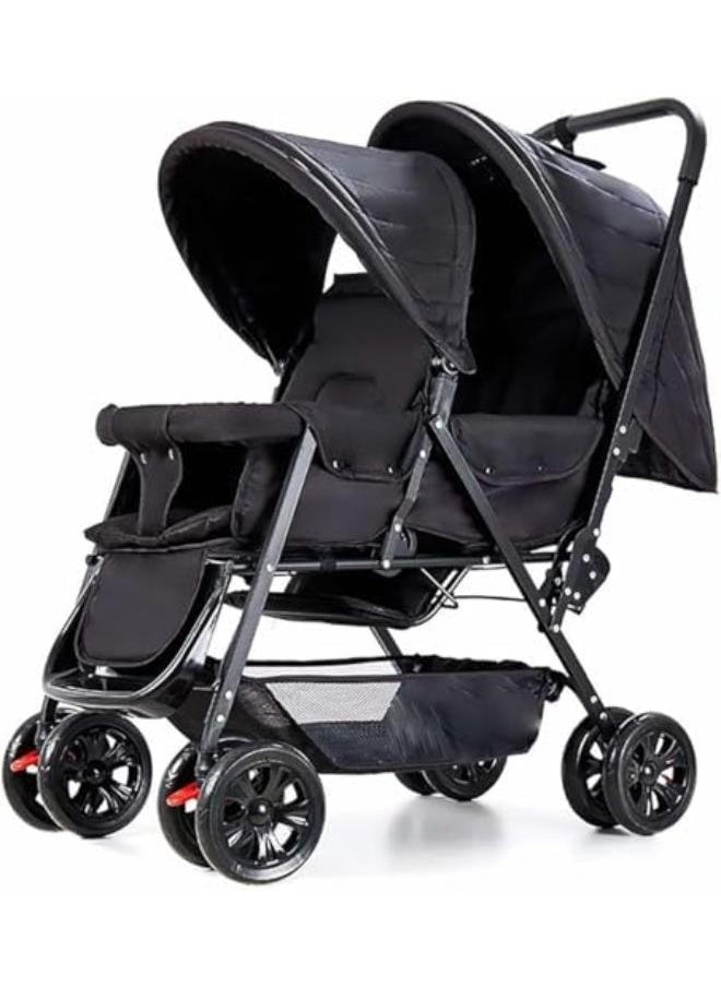 ماركة غير محددة عربة أطفال مزدوجة HAPPY KIDDO_G BABY، عربة أطفال مزدوجة قابلة للطي مع مسند ظهر قابل للتعديل، مقبض دفع ومسند للقدمين، عجلات قابلة للقفل، أحزمة أمان 5 نقاط (أسود) 