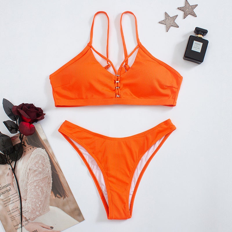 Bikini 2025 New Solid Color Double Shoulder Strap Leaky Back Three-Point Split Swimsuit