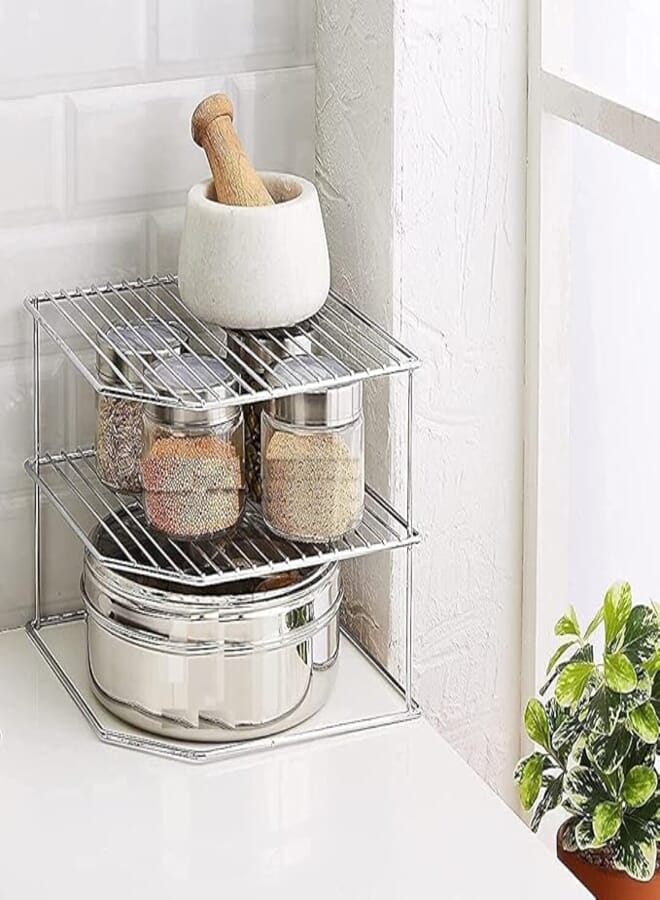 TechSrmaji Stainless Steel Multipurpose Kitchen Plate Dish Corner 3-Tier Storage Shelf Rack Holder for Kitchen Shelves Stand Cupboard Utensils Organizer Tray Pan Pot Bartan Stand for Home Storage