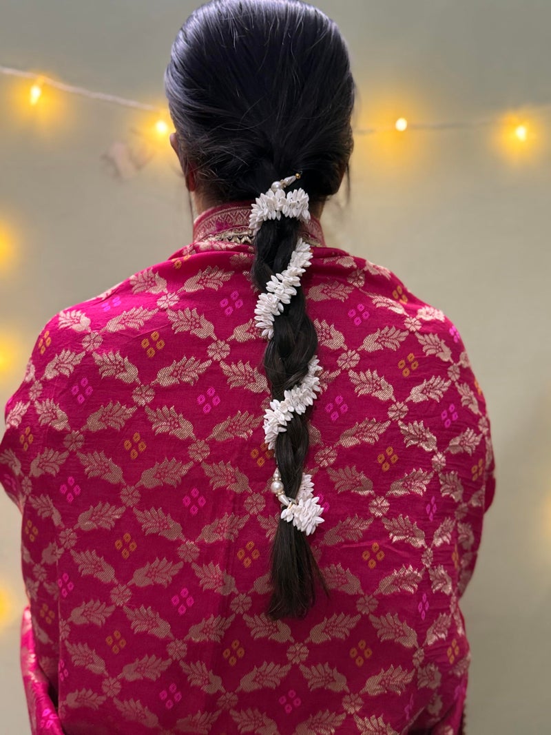 Artificial Gajra for Hair with Pearls, Artificial Scented Jasmine Flowers, White Hair Artificial Flowers for Women, Reusable Traditional gajra, Hair Accessories for Juda Bun with Bob Pins (White) - Image 3