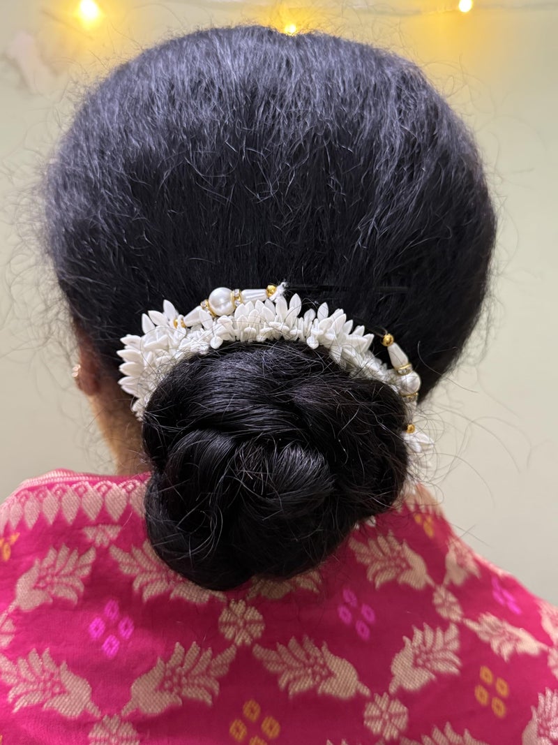 Artificial Gajra for Hair with Pearls, Artificial Scented Jasmine Flowers, White Hair Artificial Flowers for Women, Reusable Traditional gajra, Hair Accessories for Juda Bun with Bob Pins (White) - Image 2
