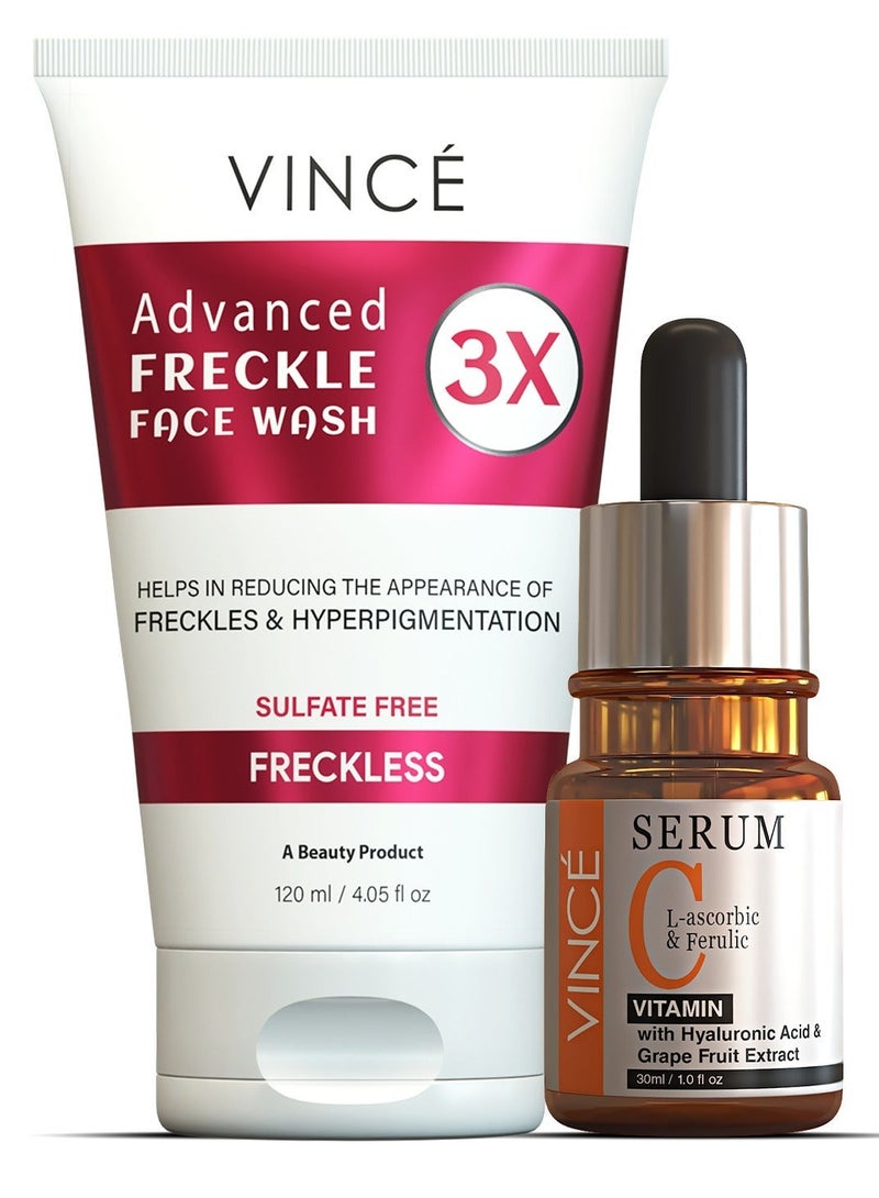 Spotless Skin Duo - Vitamin C Serum 30ml + Freckle Face Wash 120ml – Reduces Dark Spots, Freckles & Pigmentation – Deep Cleanses, Brightens Complexion & Evens Skin Tone