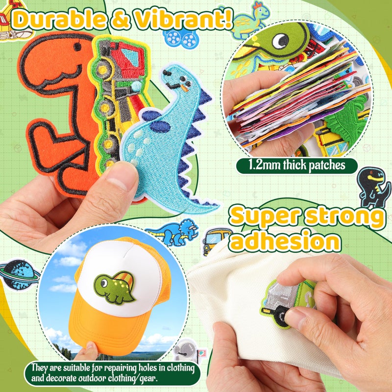 NICEVINYL Iron on Embroidered Patches for Boys: 60PCS Assorted Dinosaur Space Cars Patches for Kids Clothing Backpacks Jeans Pants - Cute Sew on Appliques for DIY Crafts - Image 3