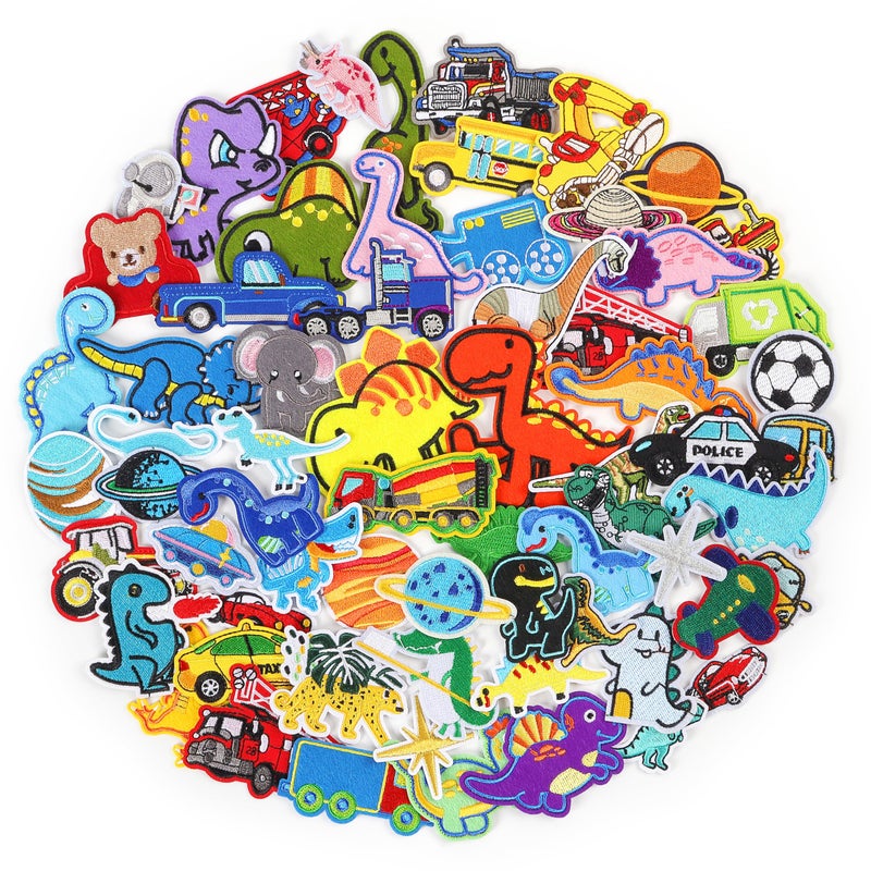 NICEVINYL Iron on Embroidered Patches for Boys: 60PCS Assorted Dinosaur Space Cars Patches for Kids Clothing Backpacks Jeans Pants - Cute Sew on Appliques for DIY Crafts - Image 1