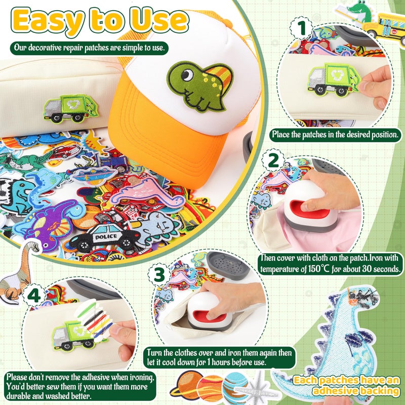NICEVINYL Iron on Embroidered Patches for Boys: 60PCS Assorted Dinosaur Space Cars Patches for Kids Clothing Backpacks Jeans Pants - Cute Sew on Appliques for DIY Crafts - Image 4