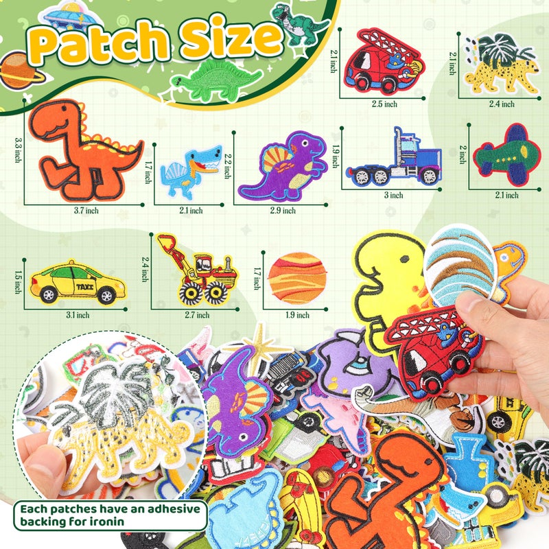 NICEVINYL Iron on Embroidered Patches for Boys: 60PCS Assorted Dinosaur Space Cars Patches for Kids Clothing Backpacks Jeans Pants - Cute Sew on Appliques for DIY Crafts - Image 2