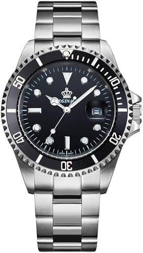 FANMIS Mens Luxury Watches Rotatable Bezel Sapphire Glass Luminous Hand Quartz Silver Tone Stainless Steel Watch (Black) - Image 1