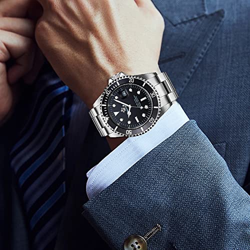 FANMIS Mens Luxury Watches Rotatable Bezel Sapphire Glass Luminous Hand Quartz Silver Tone Stainless Steel Watch (Black) - Image 5