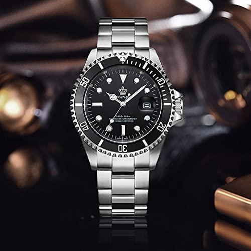 FANMIS Mens Luxury Watches Rotatable Bezel Sapphire Glass Luminous Hand Quartz Silver Tone Stainless Steel Watch (Black) - Image 2