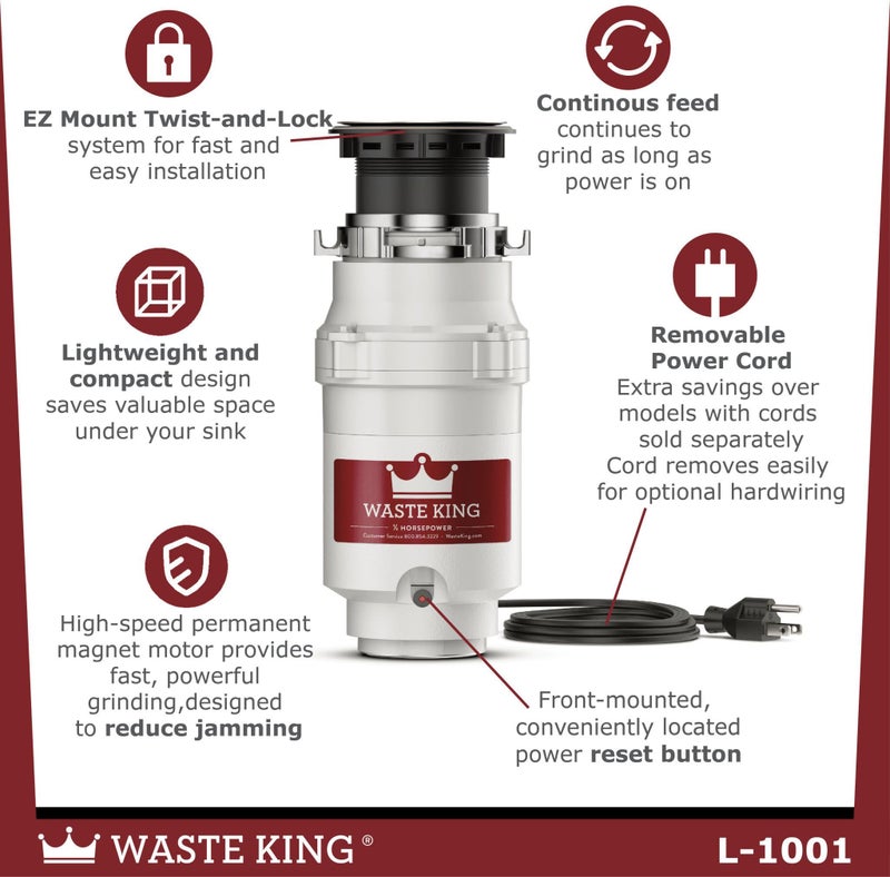 Waste King Garbage Disposal for Kitchen Sink with Power Cord, L-1001 - Image 3