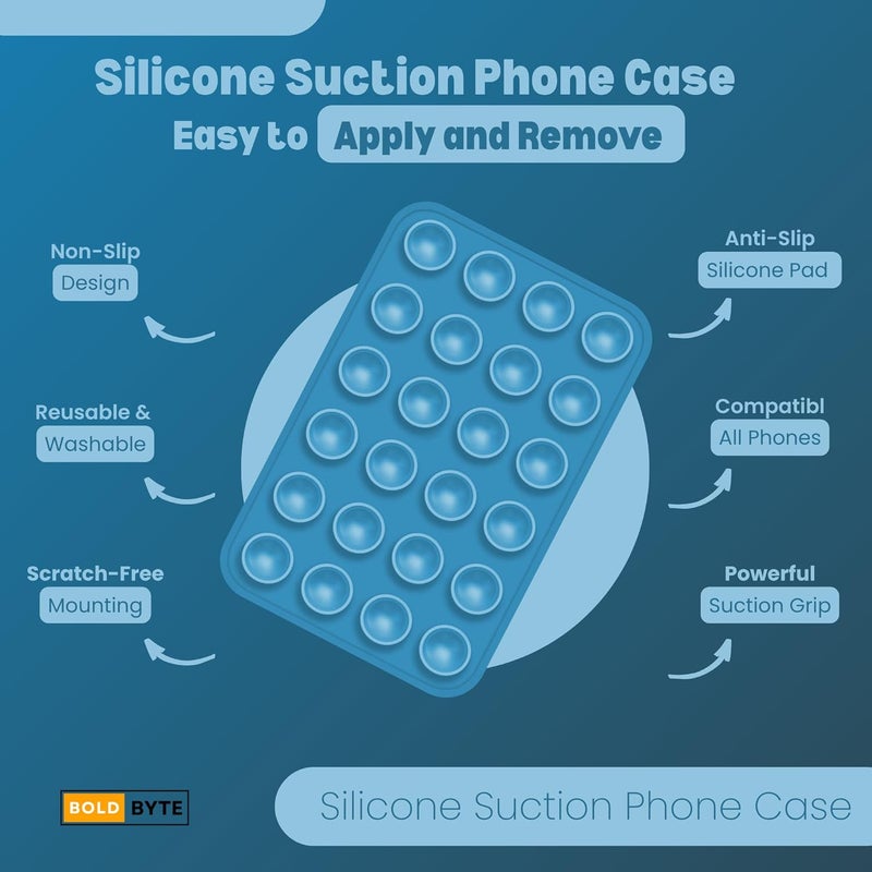Bold Byte حامل هاتف بملصق لاصق | غلاف هاتف بملصق لاصق، وسادات سيليكون مضادة للانزلاق، حامل متعدد الاستخدامات بدون استخدام اليدين لالتقاط الصور الذاتية، الفيديوهات، الاستحمام، لوحة القيادة في السيارة (أزرق سماوي) - Image 2