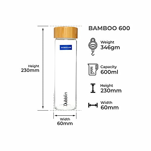 DUBBLIN Bamboo 600 Borosilicate Glass Water Bottle, Wooden Lid, 600 ml - Image 2