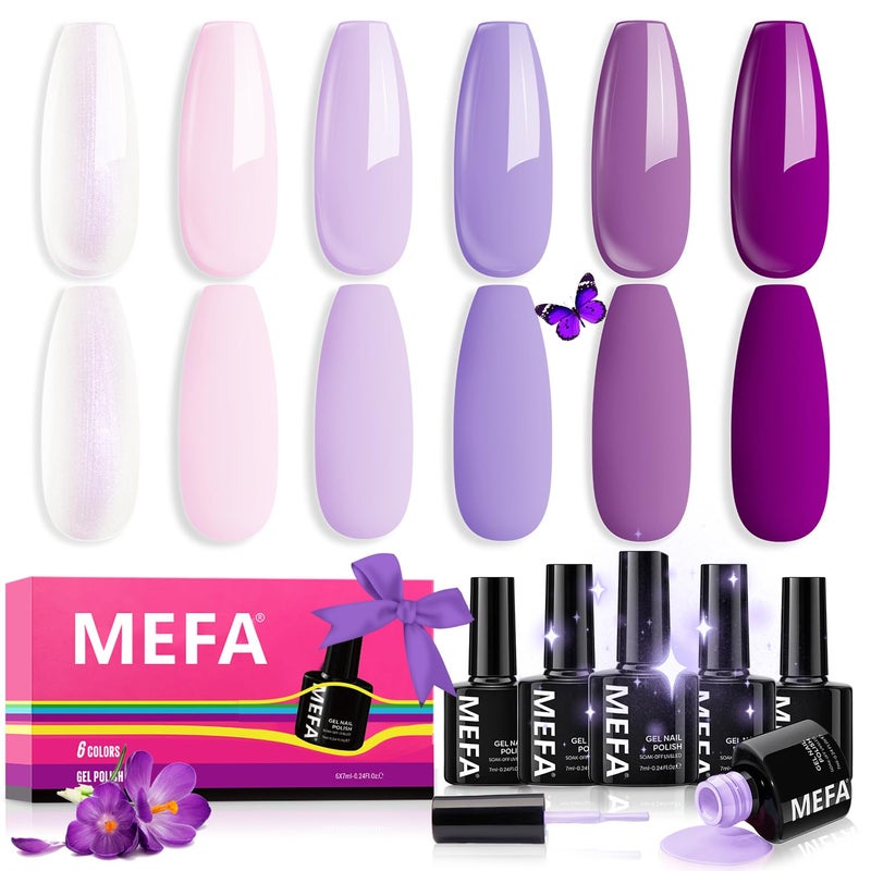 MEFA Purple Gel Nail Polish, 6 Colors Gel Polish Set Pink Shimmer Purple Nail Polish Soak Off Grape Lilac Violet Gel Nail Art Manicure DIY Salon Gifts for Women Girls - Image 1