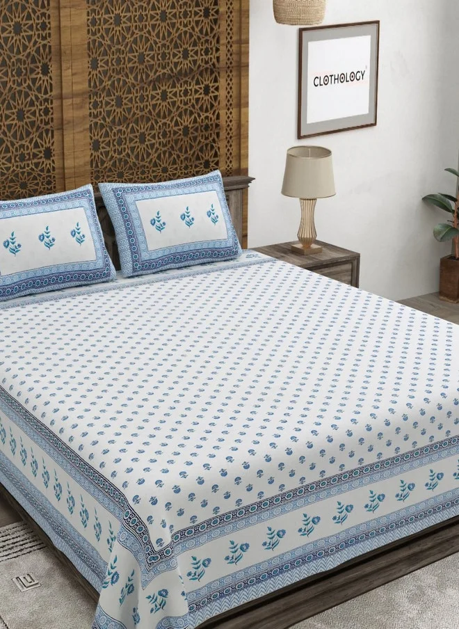 CLOTHOLOGY CLOTHOLOGY Blue Floral Pure Cotton 180 TC King Fine Bedsheet with 2 Pillow Covers - 108 x 89 inches