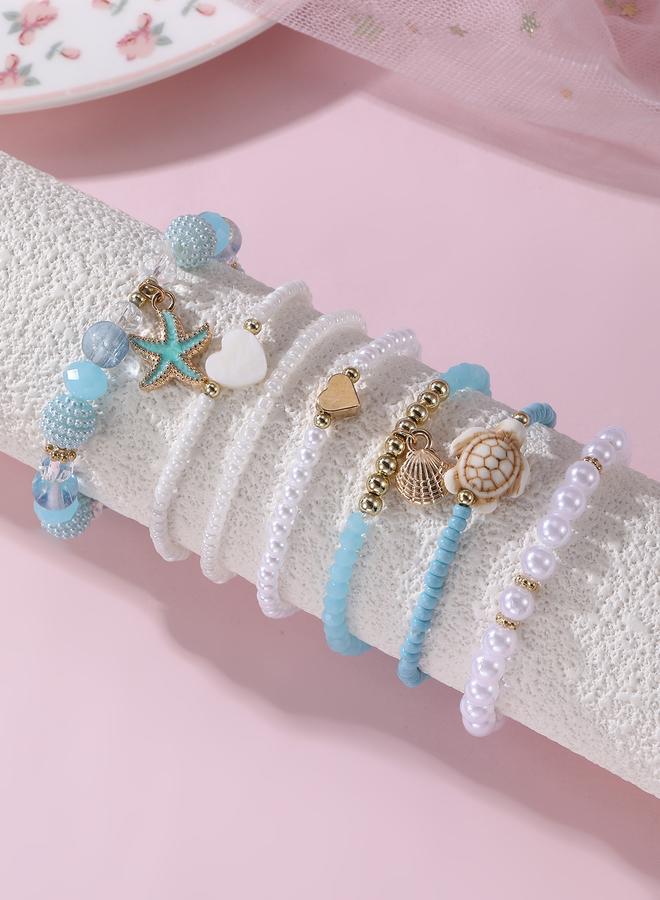 Take Two Pack of 7 - Girls Multi-Color Ocean Charms Beaded Bracelets - Image 1