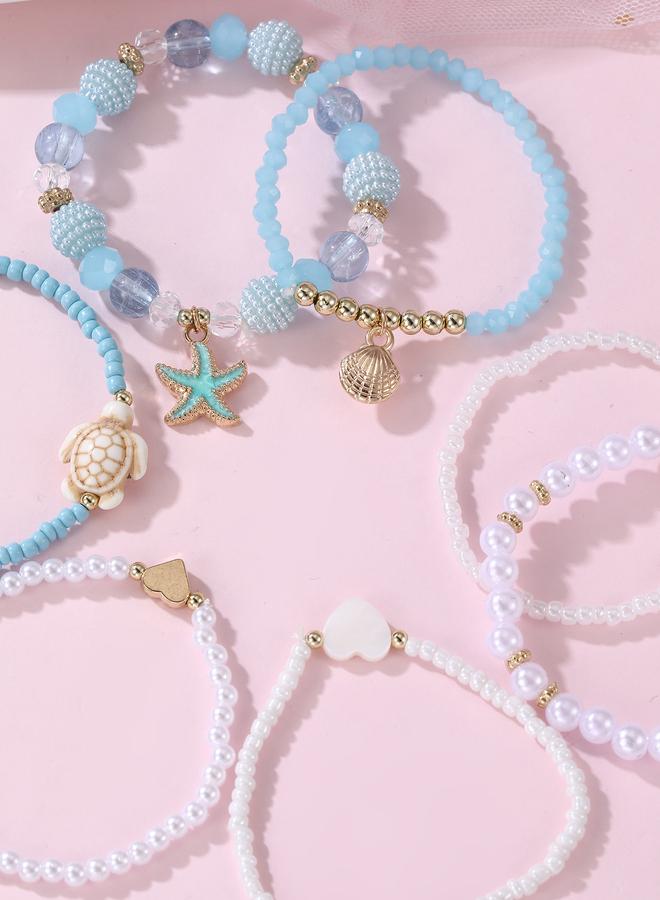 Take Two Pack of 7 - Girls Multi-Color Ocean Charms Beaded Bracelets - Image 2