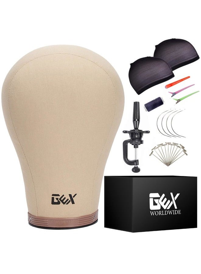 gexworldwide GEX 20" Canvas Cork Wig Block Mannequin Head for Wig Making Drying Styling Display with Table C Clamp Stand Holder (Light Brown 20") - Image 1