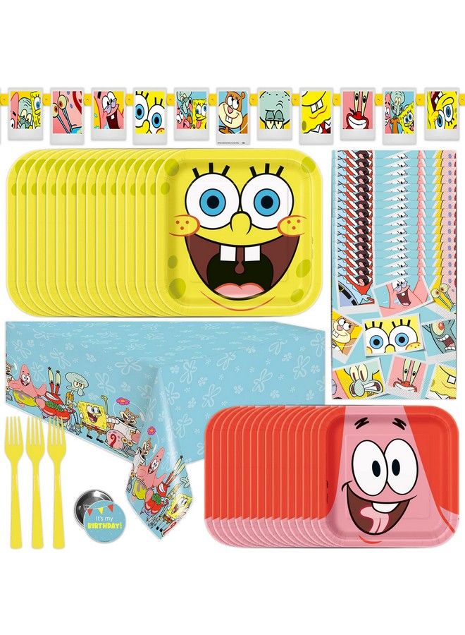 Unique Spongebob Birthday Decorations ; Spongebob Party Decorations ; Spongebob Party Supplies ; Serves 16 Guests ; With Banner Spongebob Tablecloth Dinner & Cake Plates Napkins Forks Button - Image 1