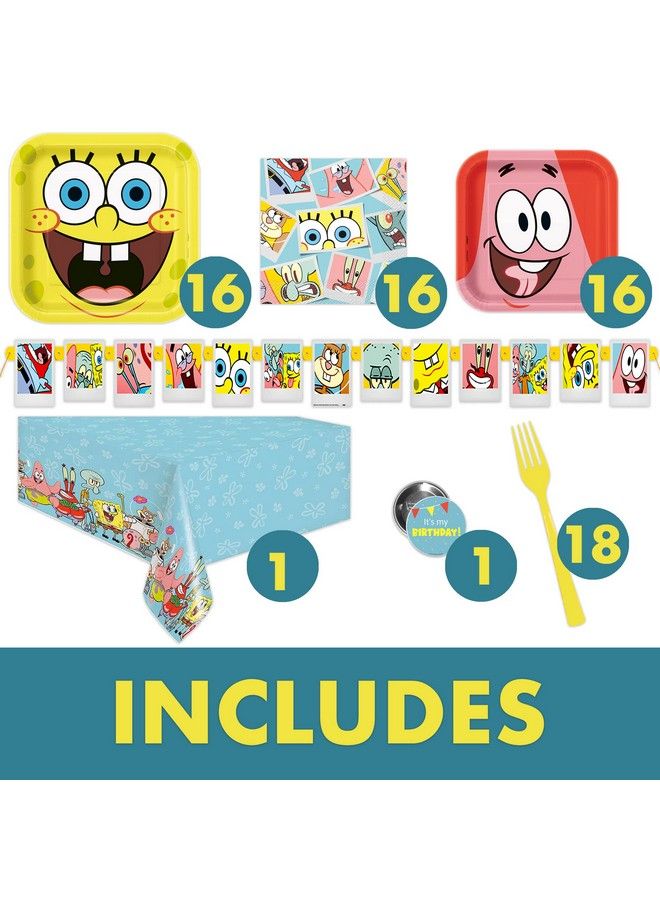 Unique Spongebob Birthday Decorations ; Spongebob Party Decorations ; Spongebob Party Supplies ; Serves 16 Guests ; With Banner Spongebob Tablecloth Dinner & Cake Plates Napkins Forks Button - Image 4