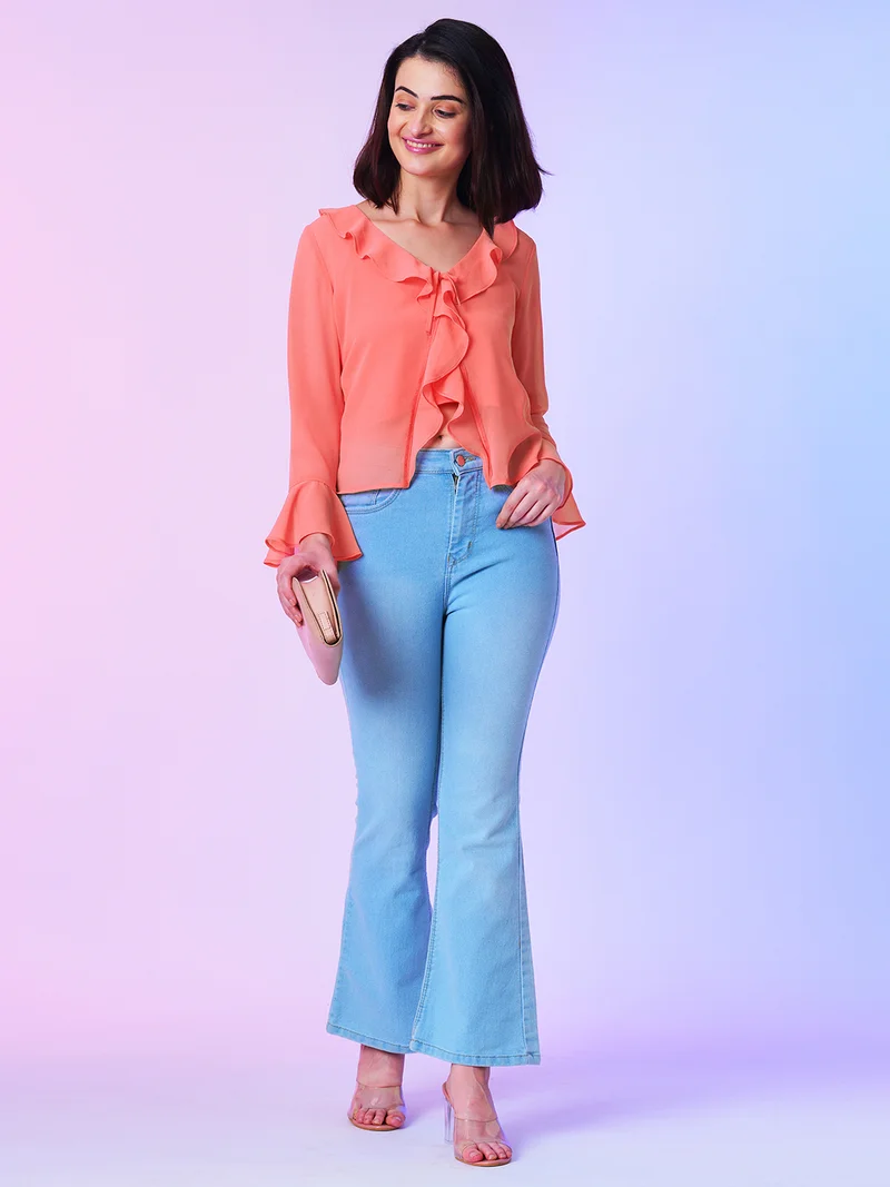 globus Women V Neck Bell Sleeve Ruffles Georgette Regular Casual Top