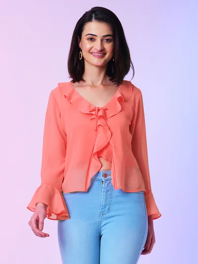 globus Women V Neck Bell Sleeve Ruffles Georgette Regular Casual Top