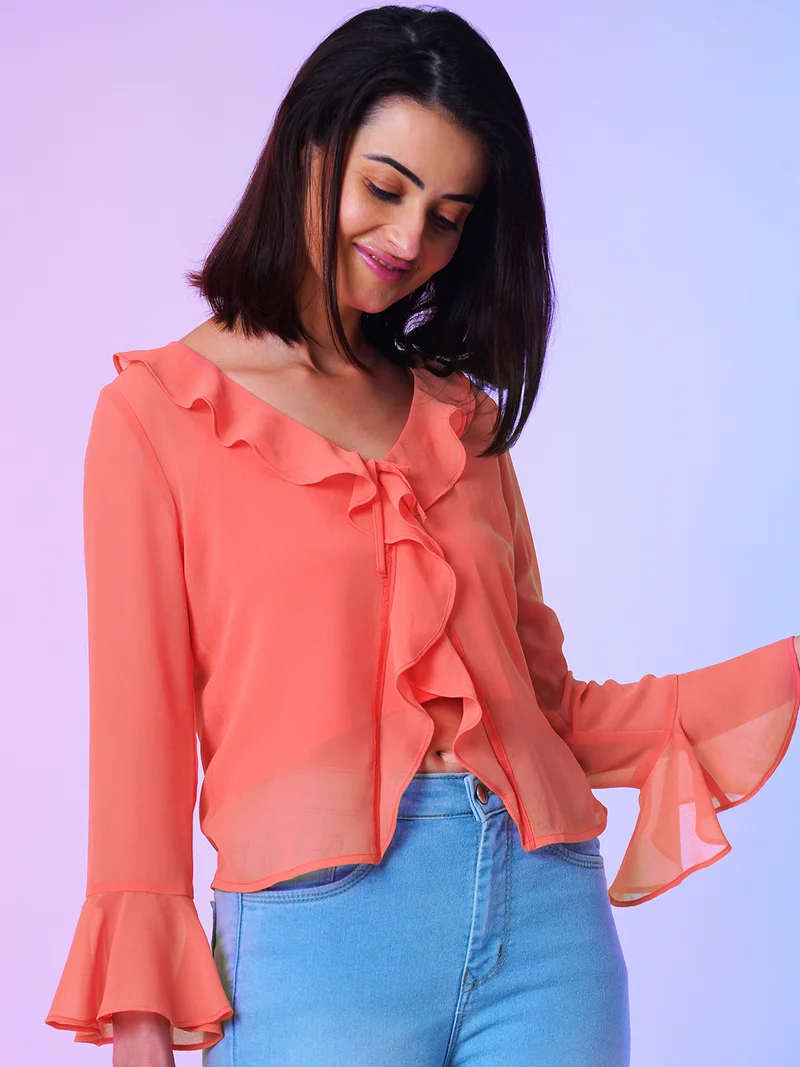 globus Women V Neck Bell Sleeve Ruffles Georgette Regular Casual Top