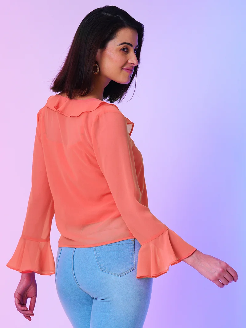 globus Women V Neck Bell Sleeve Ruffles Georgette Regular Casual Top