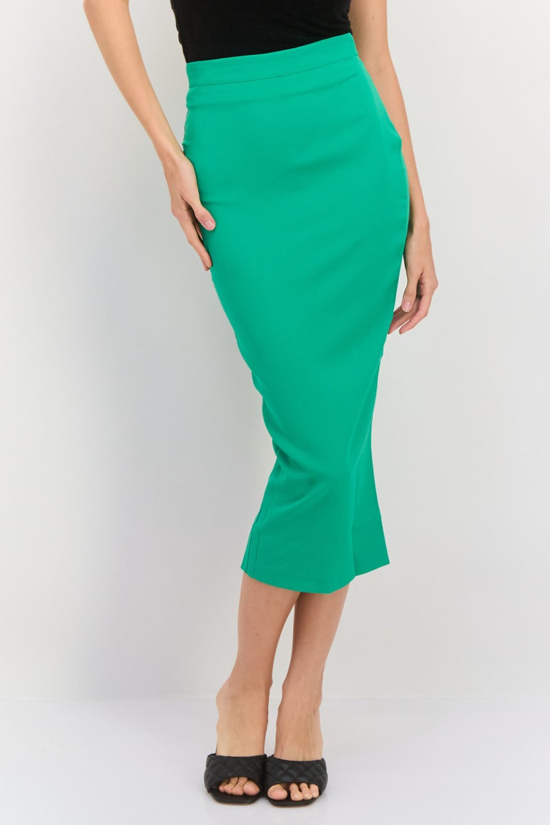 Vesper Women Solid Basic Midi Skirt, Green - Image 1
