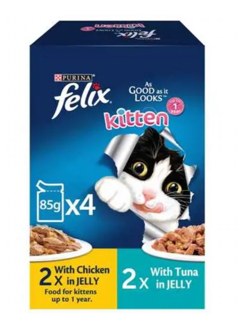 PURINA Felix 4 Pack (Chicken In Jelly + Tuna In Jelly) For Kittens 85g