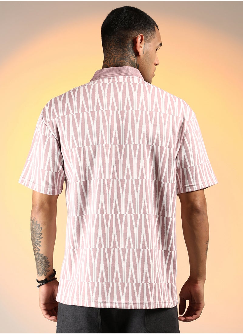 Campus Sutra Men's Rouge Pink Veined Polo T-Shirt  - Image 5