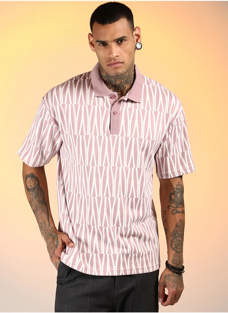 Campus Sutra Men's Rouge Pink Veined Polo T-Shirt